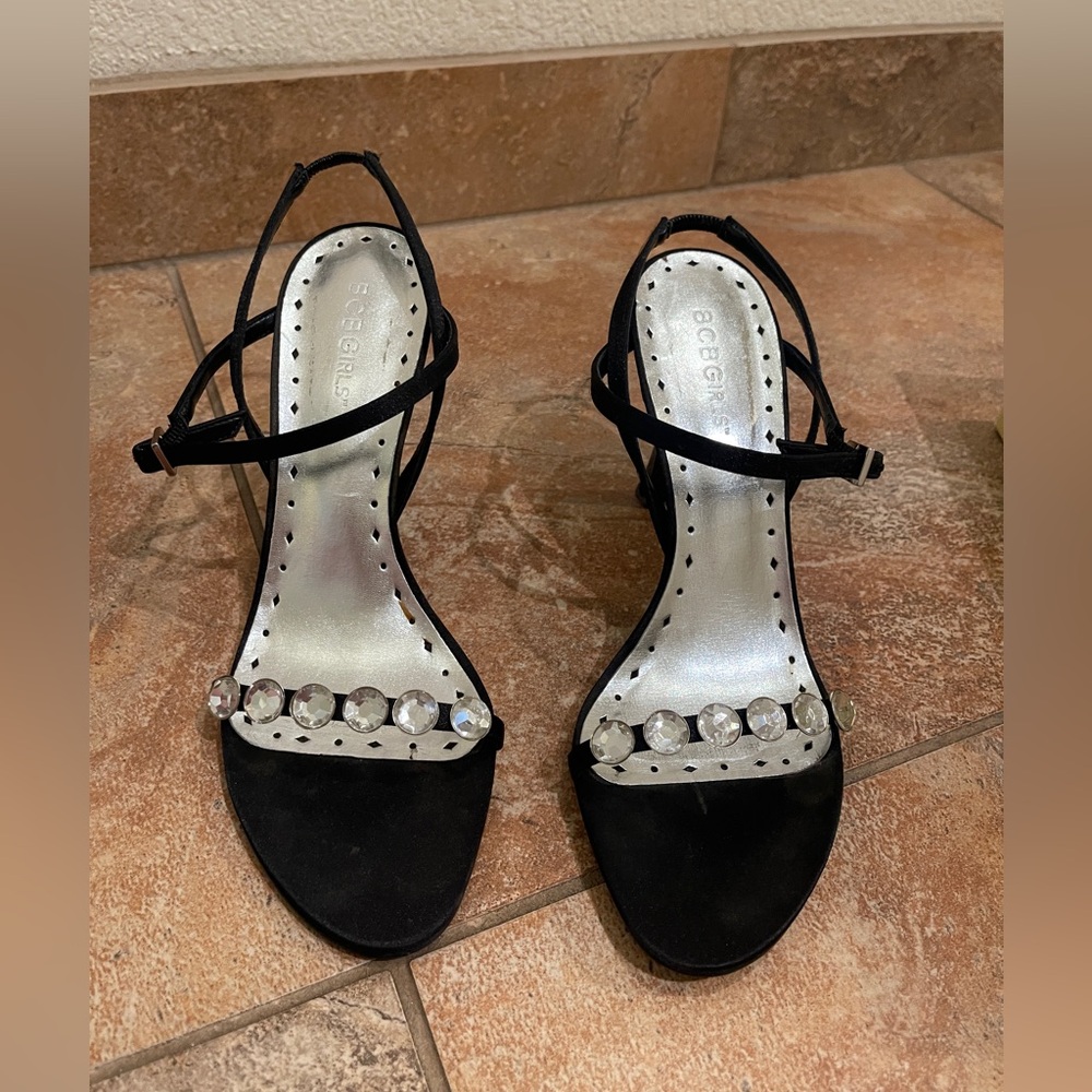 BCBGirls Black Crystal-Accent Strappy Heels